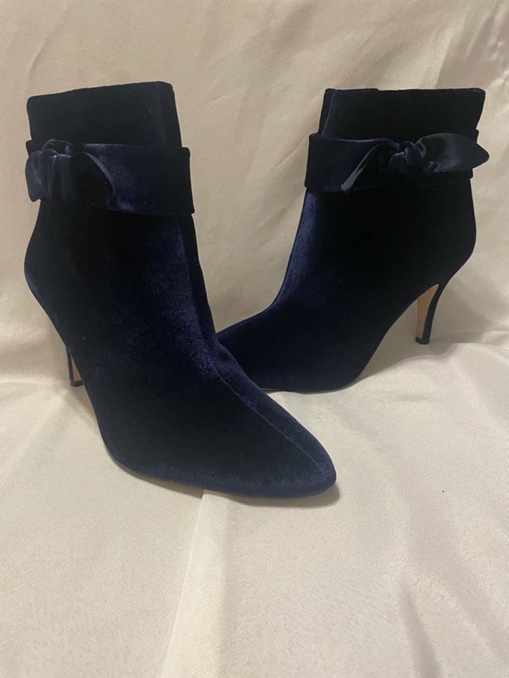 Neiman Marcus Navy Velvet Bow Cuff Ankle Boots